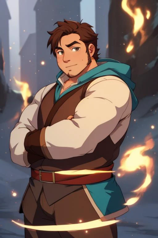 vox machina style, chubby human male, 1boy, solo, ((masterpiece)), detailed background, beautiful brown eyes, magic, overexposure,
<lora:STYLE_vox_machina_style2:0.8>