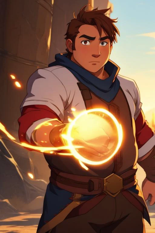 vox machina style, chubby human male, 1boy, solo, ((masterpiece)), detailed background, beautiful brown eyes, magic, overexposure,
<lora:STYLE_vox_machina_style2:0.8>