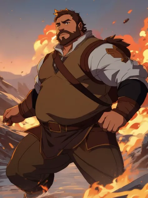 vox machina style, chubby human male, 1boy, solo, ((masterpiece)), detailed background, dynamic, (((detailed brown eyes:1)))
<lora:STYLE_vox_machina_style2:1>