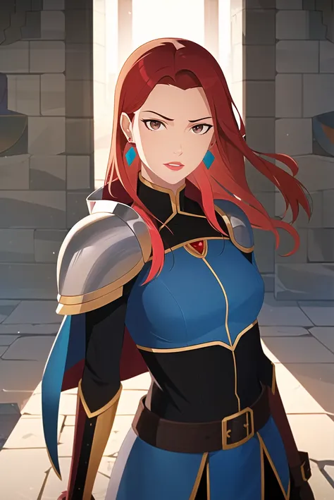 vox machina style, 1girl, leather armor, ninja, between breasts, red hair, white hair, multicolored hair, brown eyes, breasts, black cape, earrings, forehead jewel, gloves, jewelry, lips, long hair, looking at viewer, medium breasts, multiple belts, portrait, pauldrons, shoulder armor, solo, strap between breasts, wind, indoors, castle, dungeon
, ((masterpiece))
<lora:vox_machina_style2:1.1>
