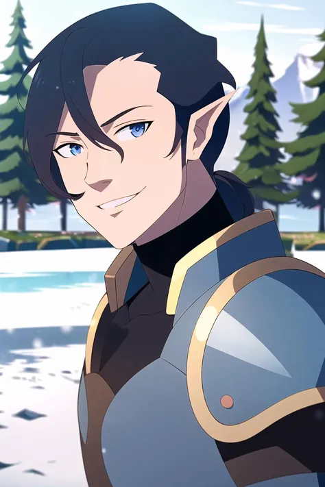 vox machina style, outdoors, trees, grass, river,
1boy, armor, bangs, blue eyes, blue hair, blurry, blurry background, chainmail, earclip, elezen, elf, hair between eyes, looking at viewer, male focus, outdoors, pauldrons, pointy ears, portrait, short hair, shoulder armor, smile, snowing, solo, turtleneck
, ((masterpiece))
<lora:vox_machina:0.65>