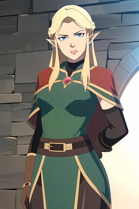 vox machina style,
1girl, arm behind back, armor, belt, between breasts, blonde hair, blue eyes, breasts, brooch, brown cape, cape, circlet, earrings, elf, forehead jewel, gloves, green gloves, green tunic, jewelry, lips, long hair, long pointy ears, looking at viewer, medium breasts, multiple belts, nose, portrait, pauldrons, pointy ears, sheath, sheathed, shoulder armor, solo, strap between breasts, sword, unfinished, weapon, wind
, ((masterpiece))
<lora:vox_machina:0.55>