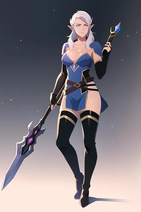 vox machina style,

1girl, armor, armored dress, black footwear, black thighhighs, boots, breasts, cleavage, druid, elf, facial tattoo, full body, holding, holding staff, holding weapon, knee boots, large breasts, long hair, looking away, night elf (warcraft), pointy ears, simple background, solo, staff, tattoo, thighhighs, weapon, white eyes, white hair

, ((masterpiece))
<lora:vox_machina:0.5>