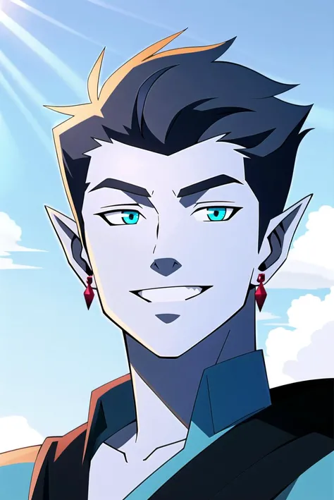 vox machina style, outdoors, medieval town,
1boy, solo, male focus, blue skin, colored skin, pointy ears, white hair, grey hair, aqua hair, jewelry, earrings, black robes, mischievous smile, short hair, ((floating hair)), portrait, glowing hair,
, ((masterpiece))
<lora:vox_machina:0.60>