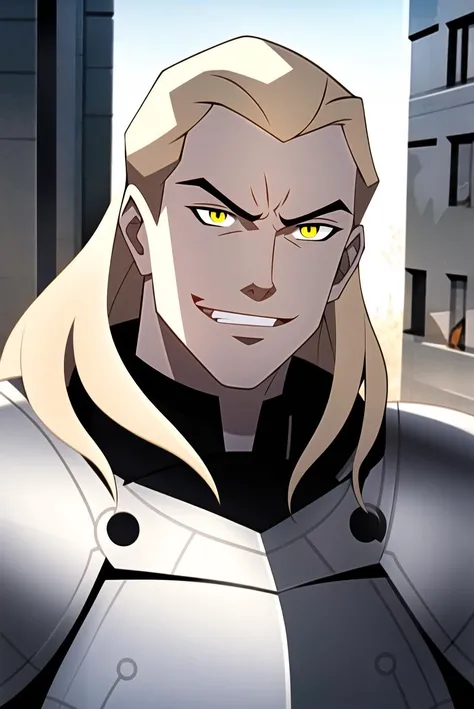 vox machina style, outdoors, ruins,
1boy, male focus, armor, blonde hair, yellow eyes, long hair, 1boy, full armor, breastplate, male focus, (blood on face:0.6), solo focus, knight, portrait, angry, smiling
, ((masterpiece))
<lora:vox_machina:0.65>