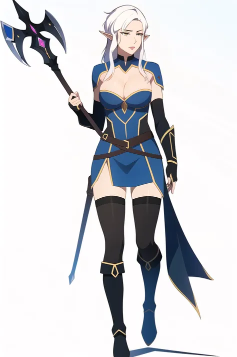 vox machina style,

1girl, armor, armored dress, black footwear, black thighhighs, boots, breasts, cleavage, druid, elf, facial tattoo, full body, holding, holding staff, holding weapon, knee boots, large breasts, long hair, looking away, night elf (warcraft), pointy ears, simple background, solo, staff, tattoo, thighhighs, weapon, white eyes, white hair

, ((masterpiece))
<lora:vox_machina:0.5>