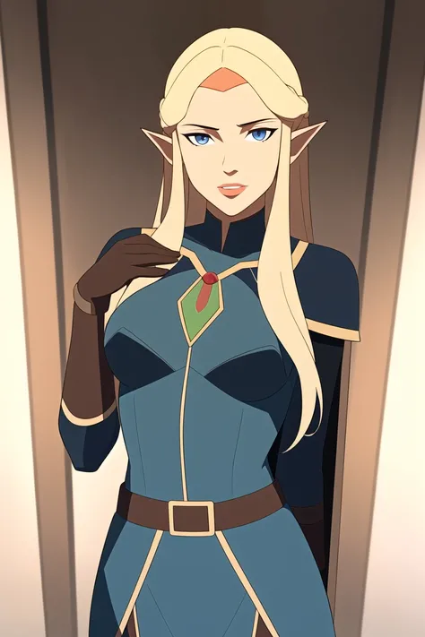 vox machina style,
1girl, arm behind back, armor, belt, between breasts, blonde hair, blue eyes, breasts, brooch, brown cape, cape, circlet, earrings, elf, forehead jewel, gloves, green gloves, green tunic, jewelry, lips, long hair, long pointy ears, looking at viewer, medium breasts, multiple belts, nose, portrait, pauldrons, pointy ears, sheath, sheathed, shoulder armor, solo, strap between breasts, sword, unfinished, weapon, wind
, ((masterpiece))
<lora:vox_machina:0.6>