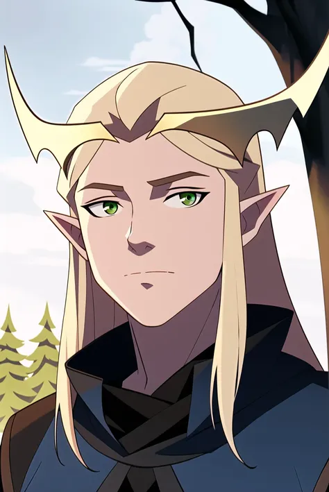 vox machina style, outdoors, woods, trees,
solo, 1boy, male focus, blonde hair, long hair, green eyes, pointy ears, circlet, elf, upper body, looking at viewer, manly, tiara, closed mouth, blue robes, portrait
, ((masterpiece))
<lora:vox_machina:0.65>