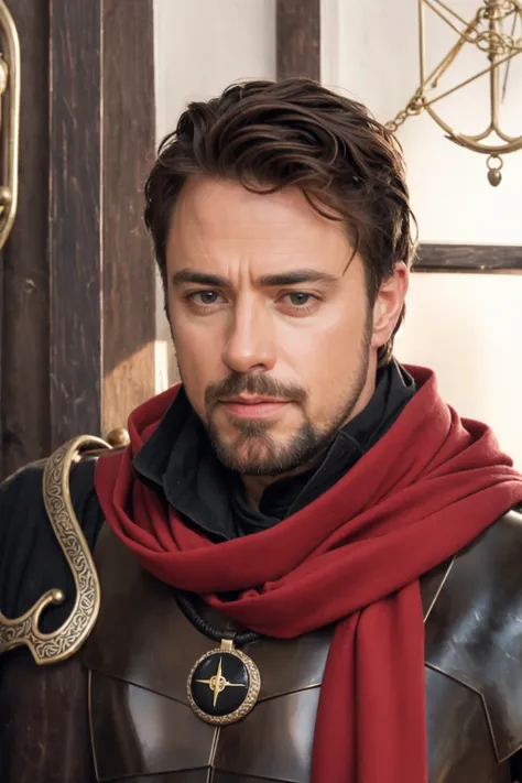 masterpiece, realistic, (photorealistic:1.4), indoors, laboratory, detailed background,
1boy, handsome, male focus, solo, portrait, upper body, beard, brown hair, brown eyes, red scarf, leather armor, pendant, jewelry, (black stone pendant), (Robert Downey Jr:0.7), adult, (long beard:1.1) <lora:lord_of_the_rings_offset:0.6> <lora:game_of_thrones_offset:0.2>