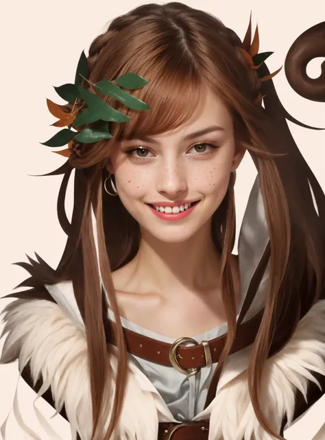 masterpiece, realistic, (photorealistic:1.4), (tooth gap) 1girl, freckles, solo, braid, brown hair, long hair, looking at viewer, smile, hair ornament, collarbone, fur trim, simple background, side braid, orange eyes, teeth, belt, leaf hair ornament, portrait, upper body, fangs, brown eyes, bangs, white background, fang, single braid, parted lips
<lora:lord_of_the_rings_offset:0.2> <lora:game_of_thrones_offset:0.3>
