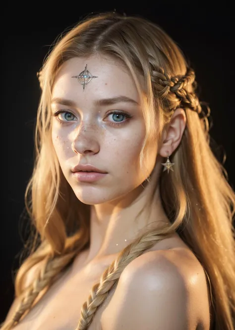 (best quality, masterpiece, realistic, detailed), 8k CG, perfect artwork, 1 girl, adult (elven:0.7) woman, freckles, black eyes, blonde fishtail braid, portrait, solo, half shot, looking at viewer, detailed background, detailed face, (vikingpunkai, norse viking theme:1.1) (glowing eyes:1.05), embodied star constellation, star sign, horoscope, calm composure, leo, esoteric geometric patterns, astral , galaxies, glow, aura, bloom, cosmic dust, cosmic space background, esoteric atmosphere, perfect shading, perfect lighting, subsurface scattering, volumetric lighting, (photorealistic:1.6)