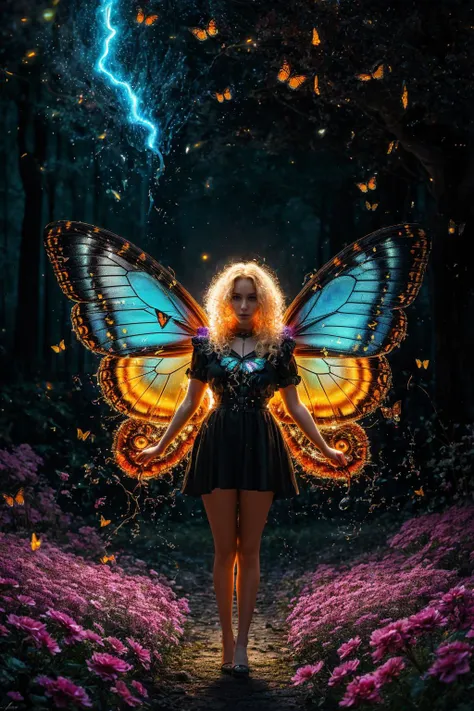 A charming 24 yo Swedish curly blonde,
shifted reality, elemental butterflies rage, broken reflections, magic fireflies tornado,
liquid fire flow, chaotic flowers, fierce fire night,
heartbreaking fantasy art, mind-blowing painting, unreal scenery