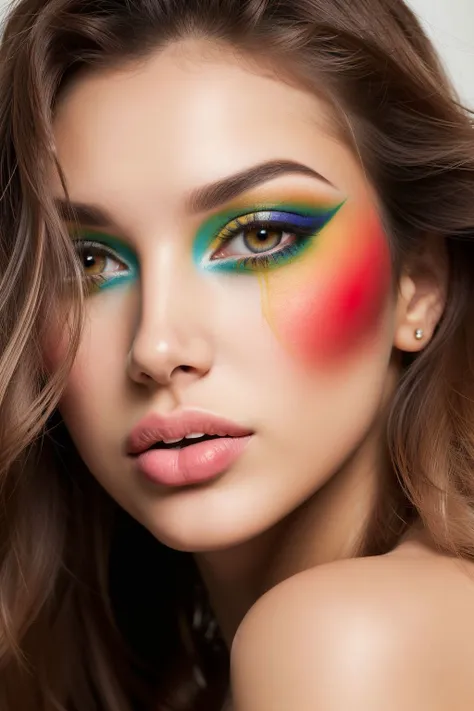 a close-up portrait capturing the raw beauty of a Brazilian model with bold, colorful makeup, tousled hair, and an air of confidence, soft lighting accentuates her flawless skin and vibrant eyes, a touch of abstract elements adds a hint of intrigue