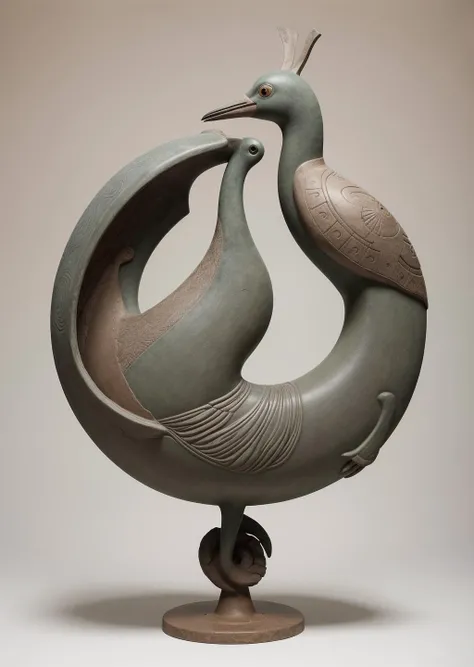 An artwork inspired by the ancient Jomon pottery of Japan, focusing on a stylized depiction of a crane, a revered bird in Japanese culture. The style is characterized by its cord-marked patterns, created by pressing rope into wet clay, a technique used in Jomon pottery. The color scheme is earthy and natural, with shades of terracotta, beige, and muted greens. The crane is simplified and abstract, with emphasis on curvilinear forms and rhythmic patterns that evoke the ancient and organic aesthetics of Jomon art. The background is minimal, allowing the intricate textures and the symbolic representation of the crane to stand out, capturing the essence of this prehistoric Japanese art form.