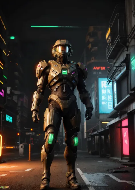 Master Chief, cyberpunk style, cyberpunk reimagined, neon lights, dystopian, vivid, glowing, hero view, action pose, cinematic scene, dramatic lighting, colorful, bright colors, science fiction, beautiful 8k, masterpiece, best quality, high quality, absurdres