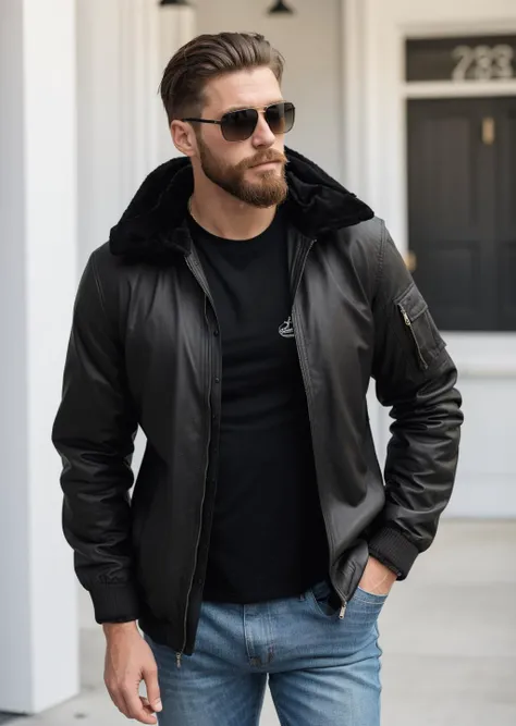 A MEN in a badass jacket, black sunglasses, beard