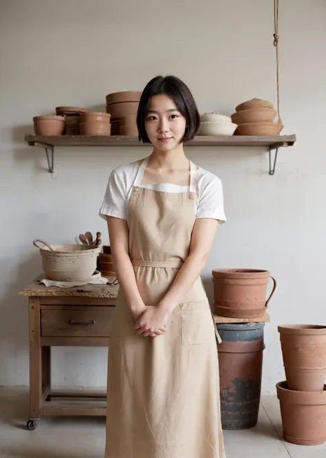 (masterpiece, best quality), 1girl,Korean Potter (Early 21st Century): A (pretty young woman:1.1) with short, bobbed black hair, almond-shaped brown eyes, fair skin, wearing a linen (work dress:1.2), splattered with clay, with a leather apron, (potter's wheel:1.1). She is in a serene pottery studio with shelves lined with beautifully finished ceramics, piles of raw clay, a pottery wheel, and a kiln humming in the corner.