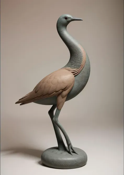 An artwork inspired by the ancient Jomon pottery of Japan, focusing on a stylized depiction of a crane, a revered bird in Japanese culture. The style is characterized by its cord-marked patterns, created by pressing rope into wet clay, a technique used in Jomon pottery. The color scheme is earthy and natural, with shades of terracotta, beige, and muted greens. The crane is simplified and abstract, with emphasis on curvilinear forms and rhythmic patterns that evoke the ancient and organic aesthetics of Jomon art. The background is minimal, allowing the intricate textures and the symbolic representation of the crane to stand out, capturing the essence of this prehistoric Japanese art form.