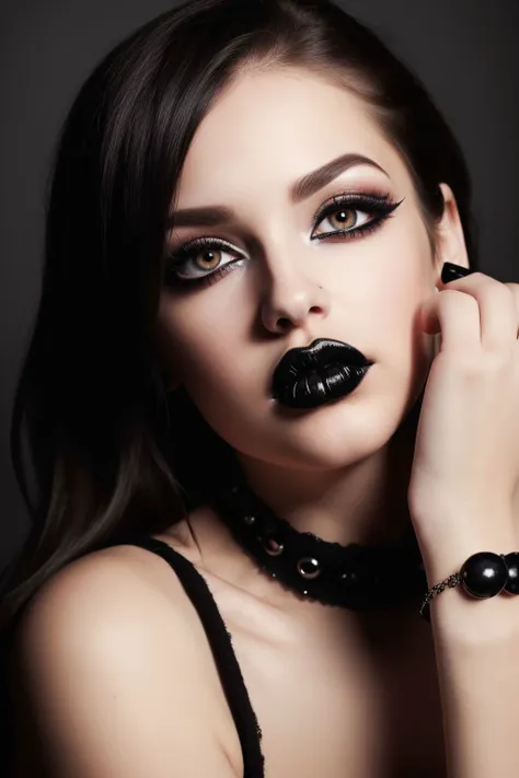 glamour photography of a random stylish goth girl, fashion, edgy vibe, dark, mascara, eyeliner, dark cheeks