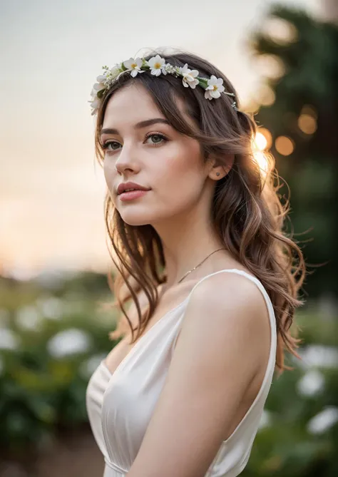 super ultra realistic image, a women in a gorgeous silk dress, flower crown, blond hair, portrait photo, detailed image, beautiful outdoor background, sun raise, ultra perfect image