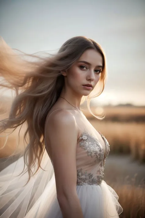 Ethereal high fashion portrait, ethereal glowing model, silver metallic dress, floating chiffon, delicate lace details, soft focus, dreamy, golden hour lighting, wind-blown hair, subtle lens flare, mesmerizing gaze, minimalistic background, understated elegance