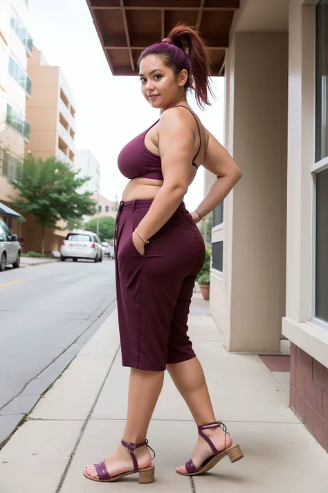 amateur style, low angle photo of Wallisian woman, 28 years old, Plum-colored Striped culottes, tucked-in tank top, and strappy sandals, asymmetric boobs, Bubble ponytail haircut, Caramel haircolor, Full-Figured-Athletic body shape, bounced lighting, underexposed