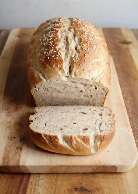 A close-up shot of a freshly baked artisanal bread loaf, crusty on the outside with a soft, airy interior. Golden brown with a sprinkle of sesame seeds for added flavor and texture. Presented on a rustic wooden cutting board. Ideal for bread lovers and food enthusiasts, best quality, high quality, good