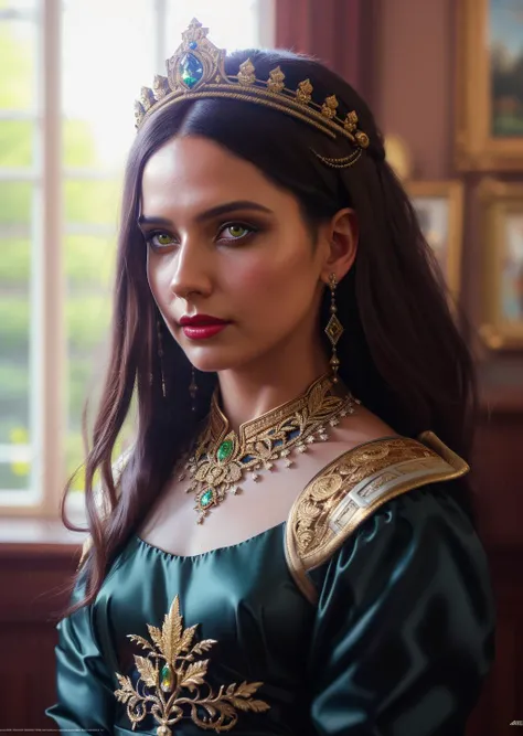 modelshoot style, (extremely detailed CG unity 8k wallpaper), full shot body photo of the most beautiful artwork in the world, medieval queen, green vale, dark skin, black woman, dark skin, golden crown, diamonds, medieval architecture, professional majestic oil painting by Ed Blinkey, Atey Ghailan, Studio Ghibli, by Jeremy Mann, Greg Manchess, Antonio Moro, trending on ArtStation, trending on CGSociety, Intricate, High Detail, Sharp focus, dramatic, photorealistic painting art by midjourney and greg rutkowski