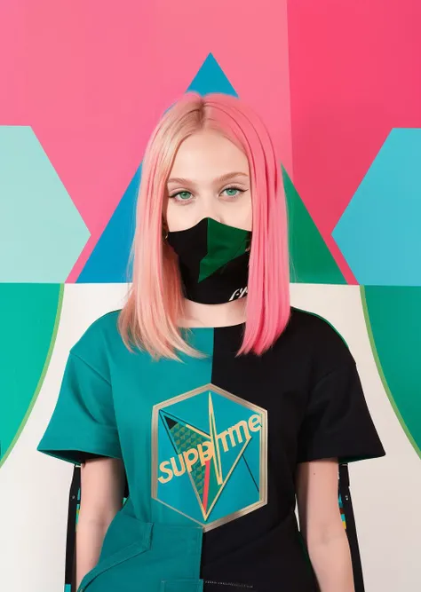 abstract 1998 european blond hiphop girl by sachin teng x supreme, attractive, stylish, designer, green, asymmetrical, geometric shapes, graffiti, street art