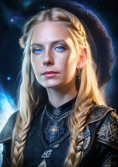 (best quality, masterpiece, realistic, detailed), 8k CG, perfect artwork, 1 girl, adult (elven:0.7) woman, freckles, black eyes, blonde fishtail braid, portrait, solo, half shot, looking at viewer, detailed background, detailed face, (vikingpunkai, norse viking theme:1.1) (glowing eyes:1.05), embodied star constellation, star sign, horoscope, calm composure, leo, esoteric geometric patterns, astral , galaxies, glow, aura, bloom, cosmic dust, cosmic space background, esoteric atmosphere, perfect shading, perfect lighting, subsurface scattering, volumetric lighting, (photorealistic:1.6)