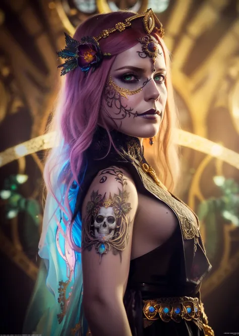 (extremely detailed 8k wallpaper),a medium shot photo of a fearful necromancer, Intricate, High Detail, dramatic, (symmetry:1.1) (portrait of floral:1.05) a woman as a beautiful goddess, (assassins creed style:0.8), pink and gold and opal color scheme, beautiful intricate filegrid facepaint, intricate, elegant, highly detailed, digital painting, artstation, concept art, smooth, sharp focus, illustration, art by greg rutkowski and alphonse mucha, 8k, (skull female demon king), (solo:1.5), (concept art), (portrait), (by Casey Weldon, Olga Kvasha, Miho Hirano), hyperdetailed intricately detailed gothic art trending on Artstation triadic colors Unreal Engine 5 detailed matte painting, deep color, fantastical, intricate detail, splash screen, complementary colors, fantasy concept art, 8k resolution, gothic deviantart masterpiece, perfect lighting, perfect shading, volumetric lighting, subsurface scattering, beautiful, stunning, gorgeous, atmospheric, (beautiful eyes), (beautiful face), (photorealistic:1.6), (centered), ((fantasy art)), ,flower_style,