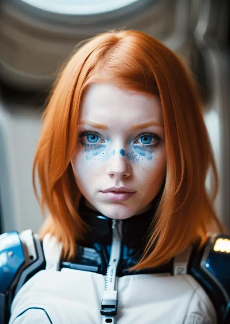 photo of a ginger woman, in space, futuristic space suit, (freckles:0.8) cute face, sci-fi, dystopian, detailed eyes, blue eyes