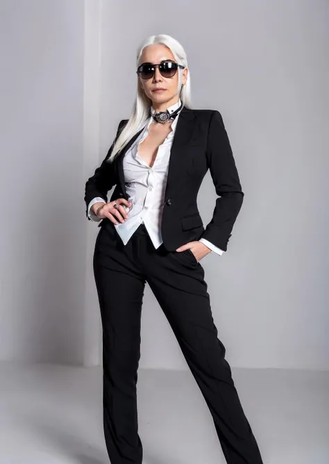 a women in a black suit with black shades white hair full body