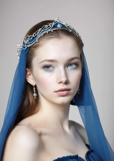 medieval, portrait photo of 25 y.o princess in blue dress, face, pale skin, intricate details