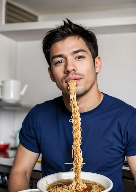 a guy eating noodles