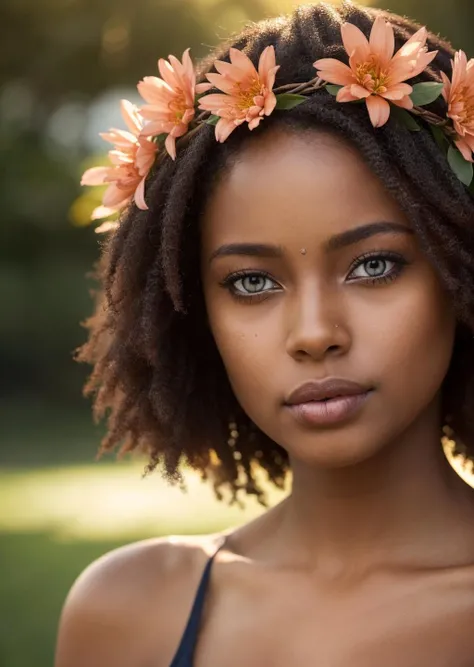 beautiful composition, a gorgeous dark skin woman, close up, gorgeous  eyes, heavenly, soft glow, rays of light, flower crown, colorful, detailed image, stunning, dlsr, high quality, high res, ultra detailed, intimate lighting, cinematic, ray-tracing