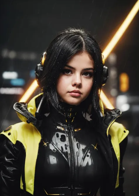 super realistic image, detailed face, (mechanical body:1.0), cyberpunk city, Selena Gomez, (black and gold Neon exoskeleton body:1.0), (cyberpunk rain suite:1.2) , looking at viewer, close image, cyberpunk sci-fi, Neo lights, ray-tracing, night raining