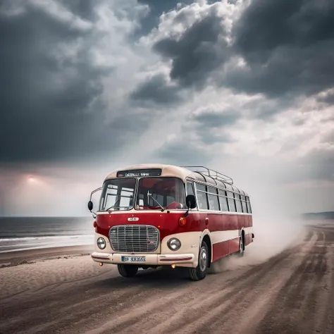 cinematic photo <lora:Cloudify-SDXL:0.35> ( front view:1.2), main focus (white and red bus:1.3), grit, stains, dynamic view, cloudy sky, dusty road, volumetric lights, cinematic, mist,  hot summer seaside, beaches in background, epic
<lora:Skoda706-SDXL:1> . 35mm photograph, film, bokeh, professional, 4k, highly detailed