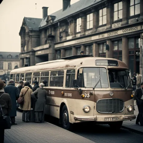 analog film photo bus on station, people waiting to onboard <lora:Skoda706-SDXL:1> <lora:Grit-SDXL:1> . faded film, desaturated, 35mm photo, grainy, vignette, vintage, Kodachrome, Lomography, stained, highly detailed, found footage