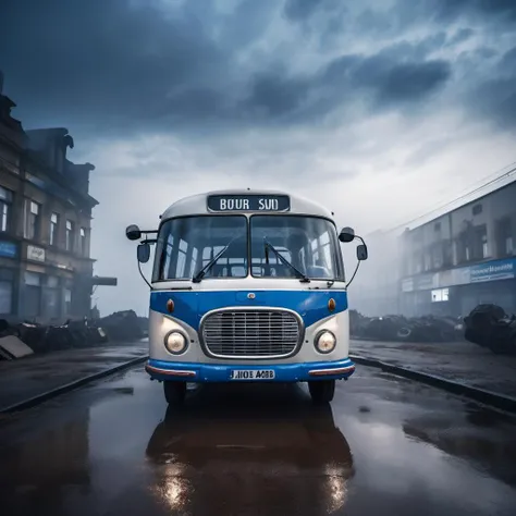 cinematic photo <lora:Cloudify-SDXL:0.5> ( front view:1.2), main focus (white and blue bus:1.3), grit, stains, dynamic view, cloudy sky, dusty road, volumetric lights, cinematic, mist, urban cyberpunk dystopian city,
<lora:Skoda706-SDXL:1> . 35mm photograph, film, bokeh, professional, 4k, highly detailed