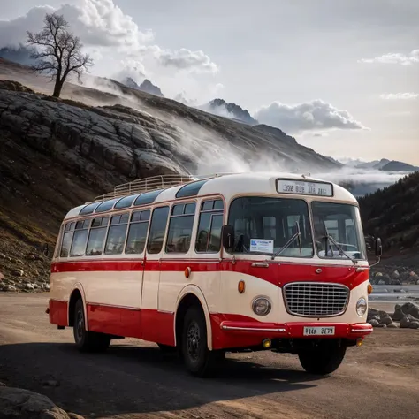 (red bus:1.1), shiny new, view, offroad, outdoor, winter, snow, ice, cinematic, (lake beach landscape:1.1), alpine, frozen water puddles on road, rocks, volumetric light, mist, clouds, sunset dramatic <lyco:skoda706rto-bus-loha:0.8>