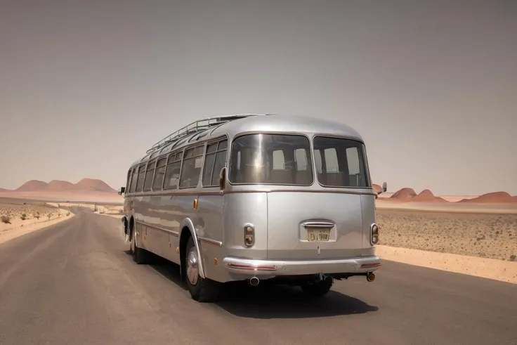 (silver metal chrome bus:1.1), shiny new, (rear view:1.1), offroad, outdoor, cinematic,  (mars desert landscape:1.1), rocks, volumetric  light, mist,  sunrise  <lyco:skoda706rto-bus-loha:0.75> dust storm