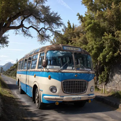 (blue rusty bus:1.2), new zealand lush landscape, view, offroad, dust, outdoor, trees, sandstone old, cracked wet asphalt, after rain, cinematic, (beach landscape:1.1), rocks, volumetric light, mist, bright blue sky clouds, sunset dramatic <lyco:skoda706rto-bus-loha:0.75> <lora:entropy-alpha:0.06>