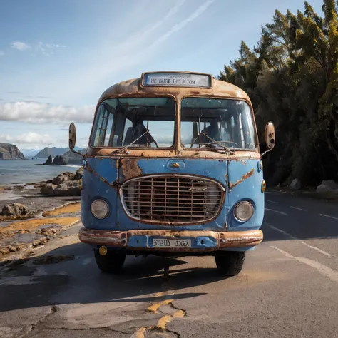 (blue rusty bus:1.2), new zealand lush landscape, view, offroad, dust, outdoor, trees, sandstone old, cracked wet asphalt, after rain, cinematic, (beach landscape:1.1), rocks, volumetric light, mist, bright blue sky clouds, sunset dramatic <lyco:skoda706rto-bus-loha:0.75> <lora:entropy-alpha:0.06>