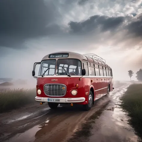 cinematic photo <lora:Cloudify-SDXL:0.5> ( front view:1.2), main focus (white and red bus:1.3), grit, stains, dynamic view, cloudy sky, dusty road, volumetric lights, cinematic, mist, summer seaside
<lora:Skoda706-SDXL:1> . 35mm photograph, film, bokeh, professional, 4k, highly detailed