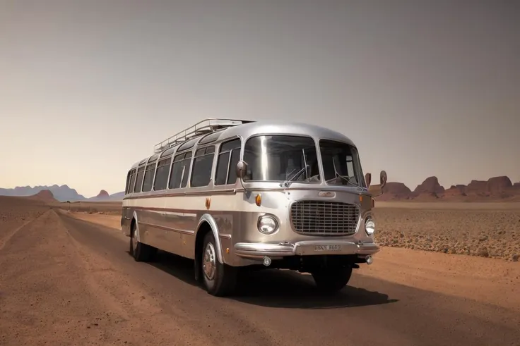 (silver metal chrome bus:1.1), shiny new, offroad, outdoor, cinematic, (mars desert landscape:1.1), rocks, volumetric light, mist, sunrise <lyco:skoda706rto-bus-loha:0.75>