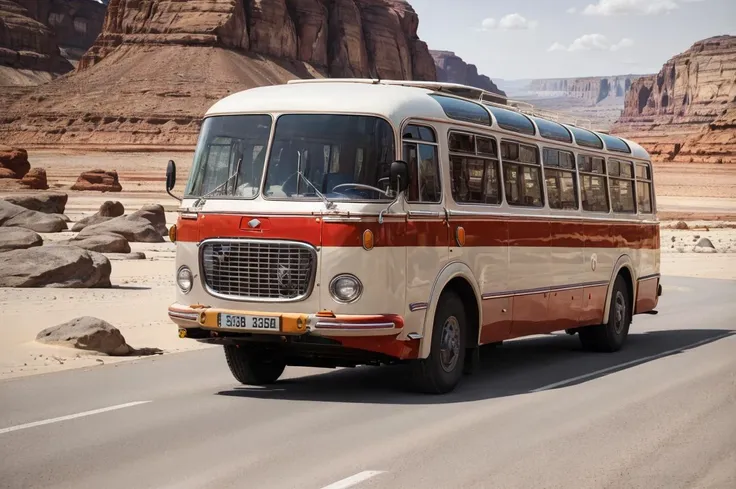 (silver metal chrome bus:1.1), mars desert landscape, view, offroad, outdoor, desert sand, sandstone old, cracked asphalt, cinematic, (beach landscape:1.1), wet water puddles on road, rocks, volumetric light, mist, blue sky clouds, sunset dramatic <lyco:skoda706rto-bus-loha:0.7> <lora:entropy-alpha:0.05>