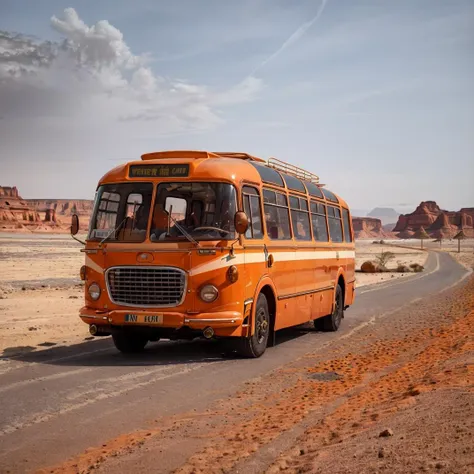 (orange color bus:1.2), mars dusty desert landscape, view, offroad, dust, outdoor, desert sand, sandstone old, cracked asphalt, cinematic, (beach landscape:1.1), rocks, volumetric light, mist, bright blue sky clouds, sunset dramatic <lyco:skoda706rto-bus-loha:0.75> <lora:entropy-alpha:0.06>