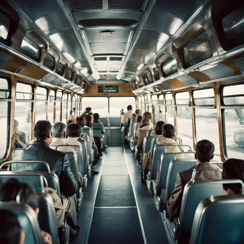 analog film photo scifi futuristic city,  crowded (10 people passengers inside bus:1.1)  (interior view), people sitting inside waiting to depart<lora:Skoda706-SDXL:1> <lora:Grit-SDXL:1>, through window seen background distant spaceport with launching retro metallic spaceship . faded film, desaturated, 35mm photo, grainy, vignette, vintage, Kodachrome, Lomography, stained, highly detailed, found footage