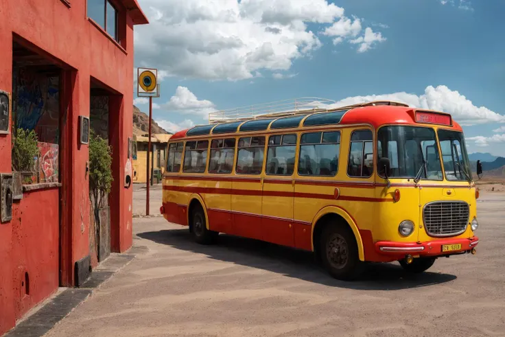 (graffiti red-yellow-green bus:1.1), mexico, view, offroad, outdoor, desert sand, cinematic, (beach landscape:1.1), wet water puddles on road, rocks, volumetric light, mist, blue sky clouds, sunset dramatic <lyco:skoda706rto-bus-loha:0.8>